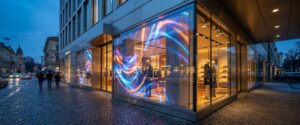 Прозрачный светодиодный LED-экран на стеклянной витрине магазина